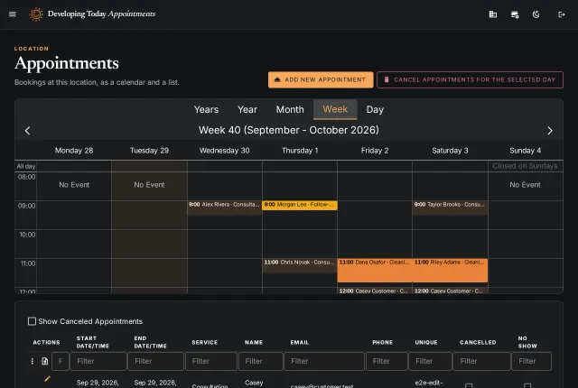 The Appointments screen: a week's calendar with bookings colored by service, the Add New Appointment and Cancel Appointments for the selected day buttons, and the list of appointments below.