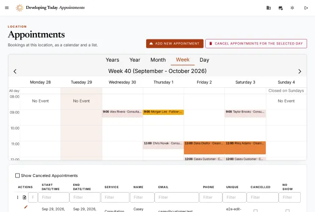 The Appointments screen: a week's calendar with bookings colored by service, the Add New Appointment and Cancel Appointments for the selected day buttons, and the list of appointments below.