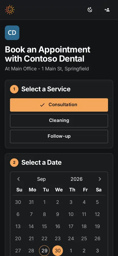 The booking page on a phone: Book an Appointment with Contoso Dental, with the Consultation service chosen and a calendar to pick a date.