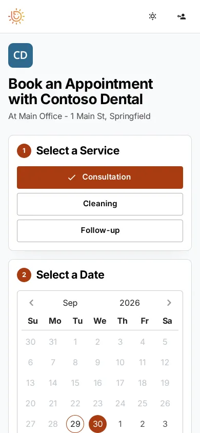 The booking page on a phone: Book an Appointment with Contoso Dental, with the Consultation service chosen and a calendar to pick a date.
