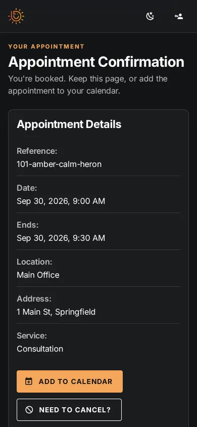 The confirmation page on a phone: the appointment's reference, date, location, address and service, with Add to calendar and Need to cancel? buttons.