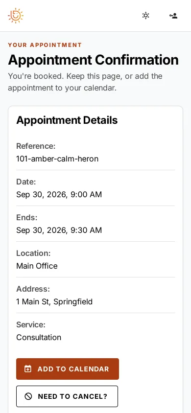 The confirmation page on a phone: the appointment's reference, date, location, address and service, with Add to calendar and Need to cancel? buttons.